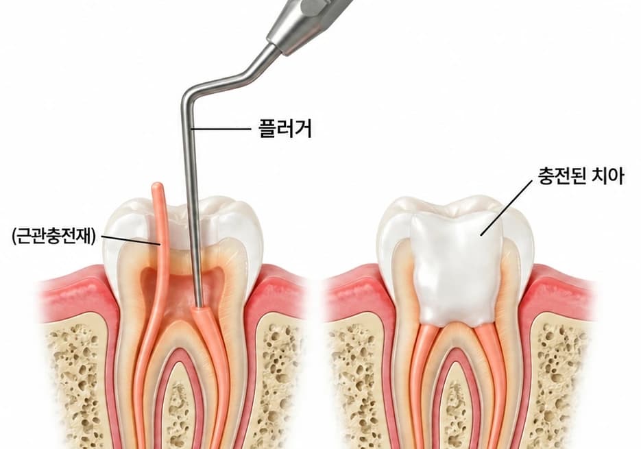 근관충전 재료와 충전된 치아를 보여주는 설명 그림