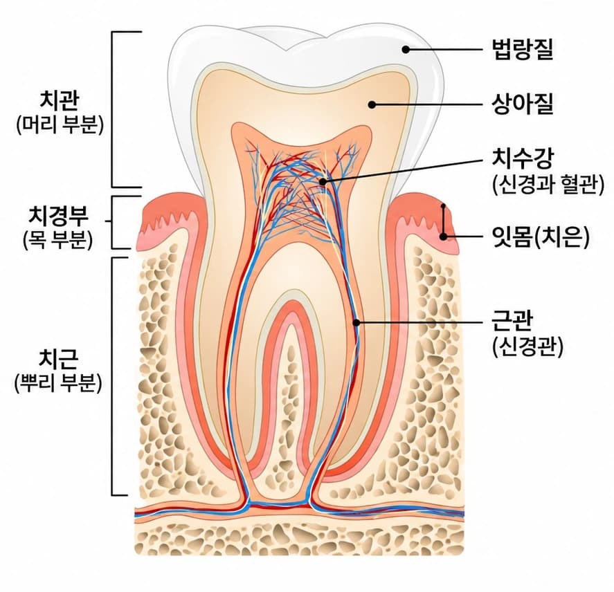 법랑질 상아질 치수강 근관과 치아 주변 조직을 표시한 해부 그림