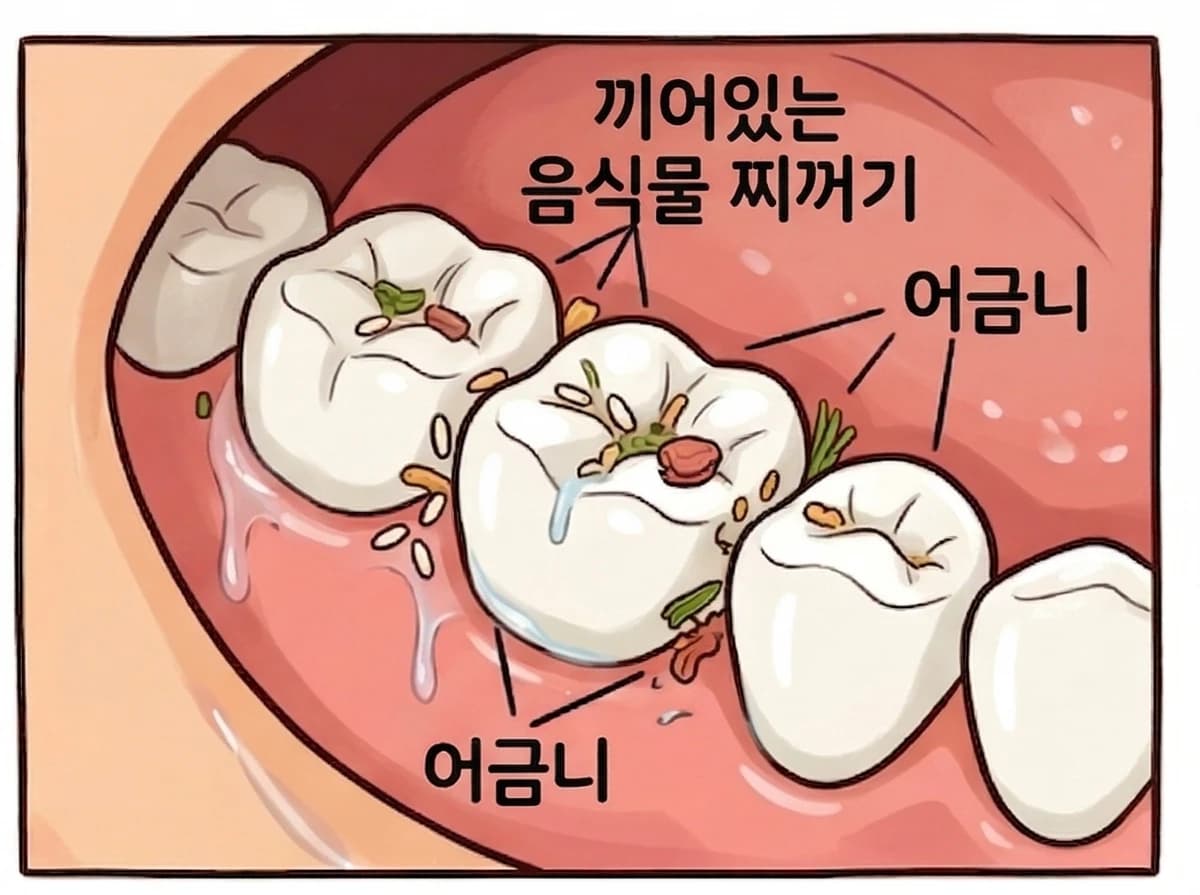 치아 사이와 주변에 음식물이 남는 모습을 설명한 원문 그림
