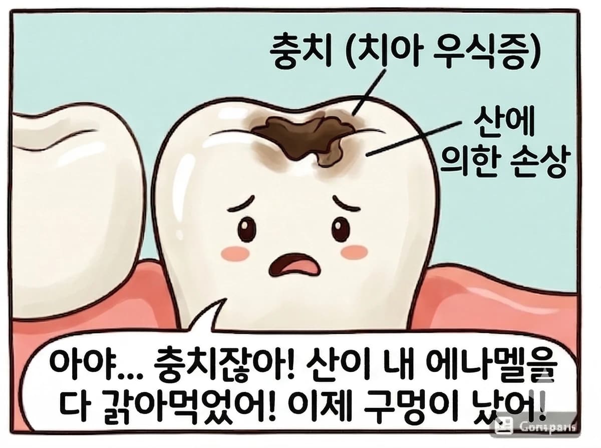 산에 의해 치아가 손상되고 충치가 진행되는 과정을 설명한 원문 그림