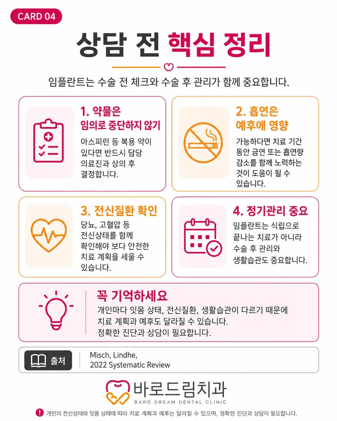 흡연과 전신질환 및 임플란트 유지 관리를 정리한 원문 안내 이미지