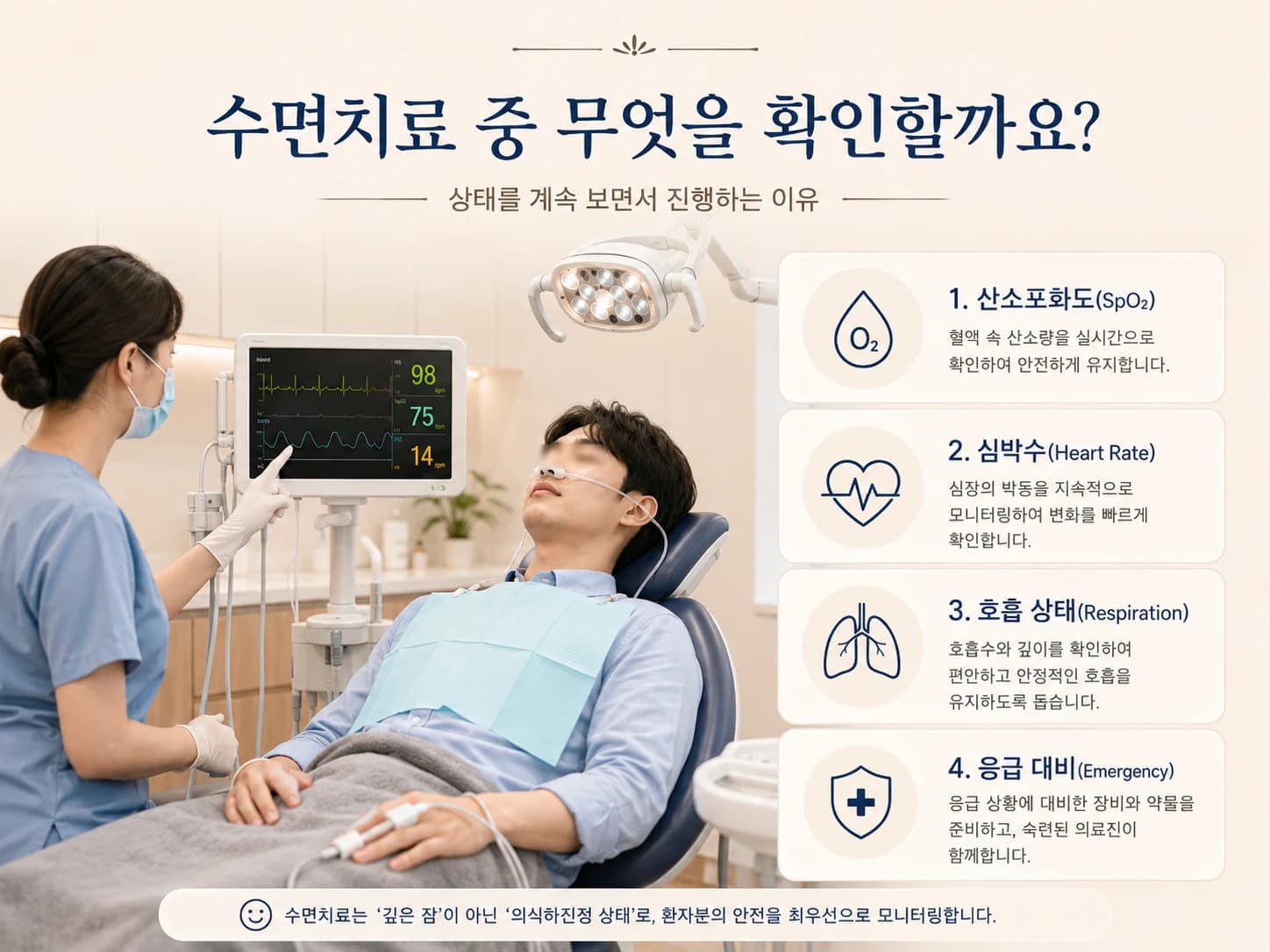 산소포화도와 심박수 및 호흡 확인과 응급 대비를 정리한 원문 설명 이미지