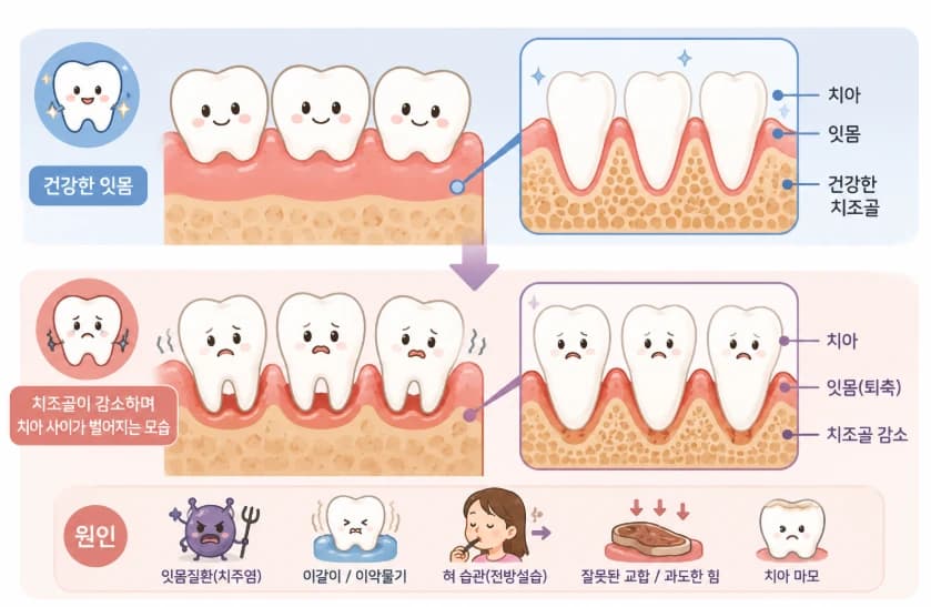 잇몸과 잇몸뼈 변화로 치아 사이 공간이 달라지는 과정을 설명한 그림